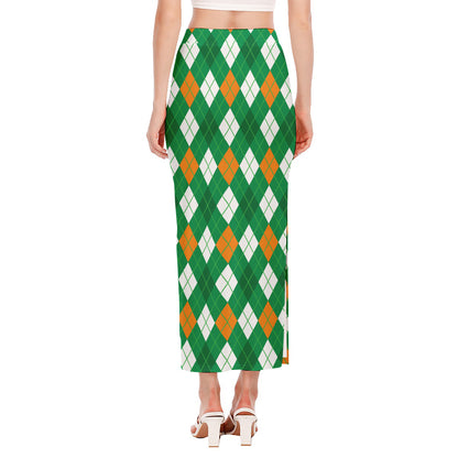 Saint Patrick's Day Argyle Pattern Print Side Slit Maxi Skirt