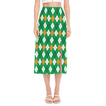 Saint Patrick's Day Argyle Pattern Print Side Slit Midi Skirt