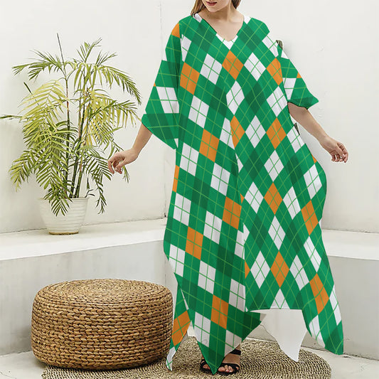 Saint Patrick's Day Argyle Pattern Print Silk V-Neck Kaftan Dress