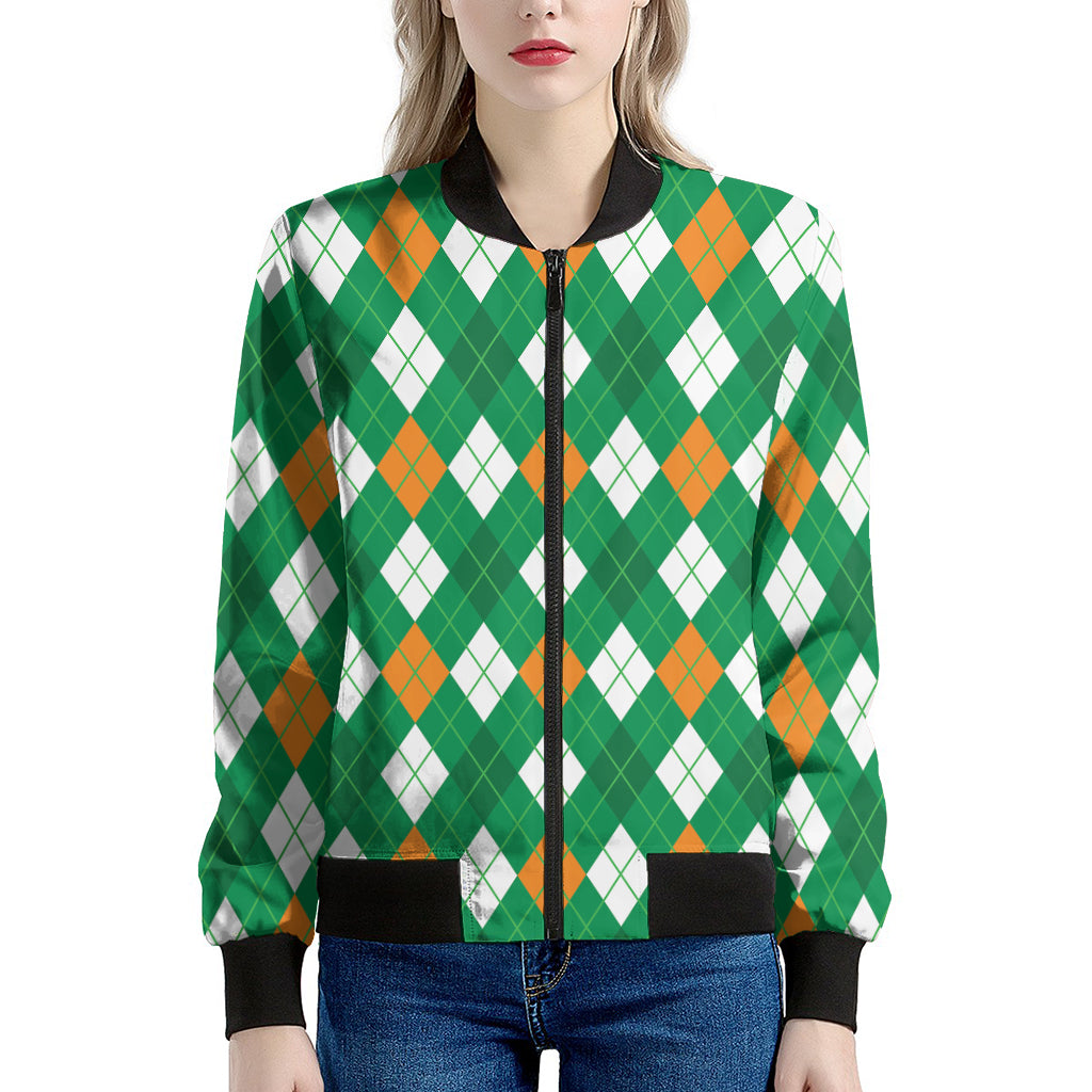 Saint Patrick's Day Argyle Pattern Print Women's Bomber Jacket