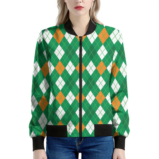 Saint Patrick's Day Argyle Pattern Print Women's Bomber Jacket