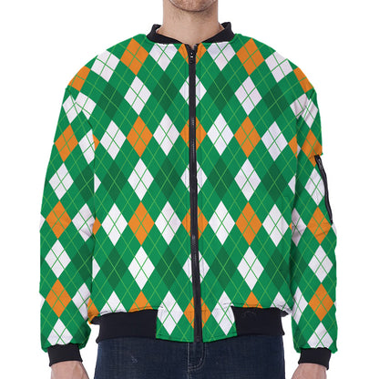 Saint Patrick's Day Argyle Pattern Print Zip Sleeve Bomber Jacket