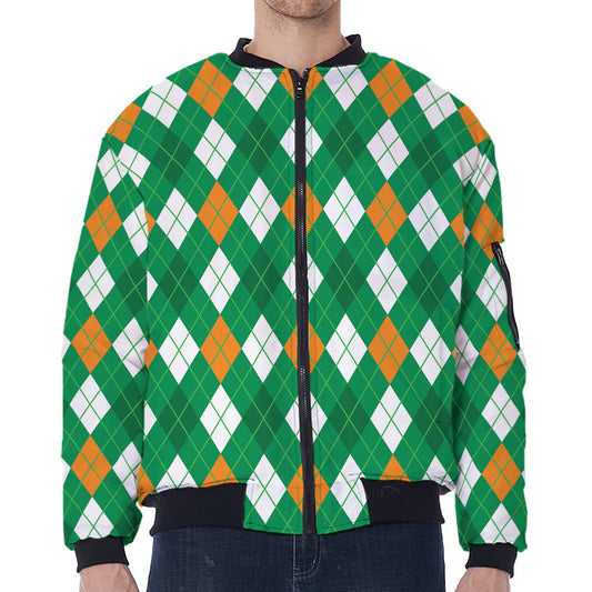 Saint Patrick's Day Argyle Pattern Print Zip Sleeve Bomber Jacket