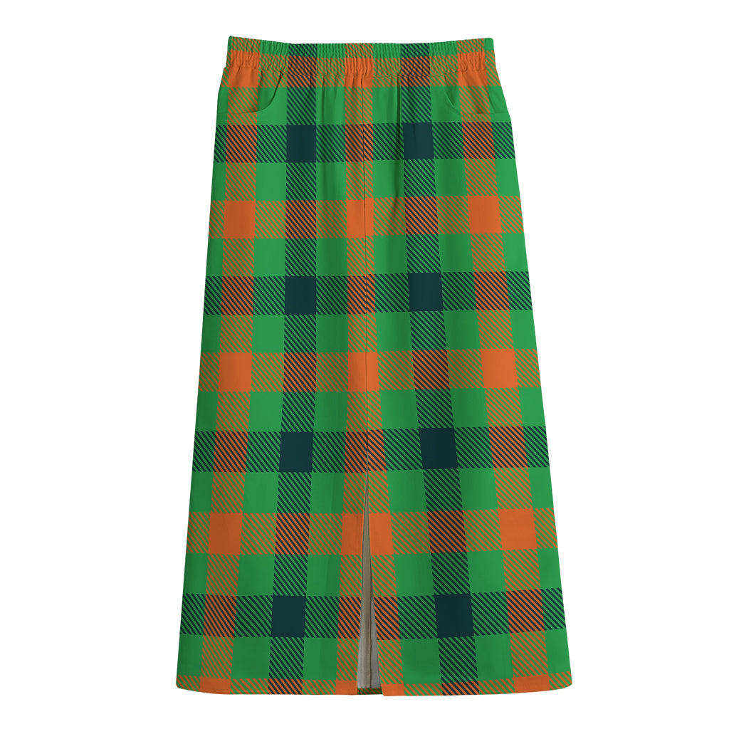 Saint Patrick's Day Buffalo Plaid Print Cotton Front Slit Maxi Skirt
