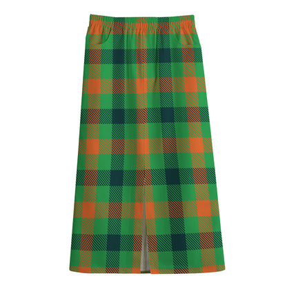 Saint Patrick's Day Buffalo Plaid Print Cotton Front Slit Maxi Skirt