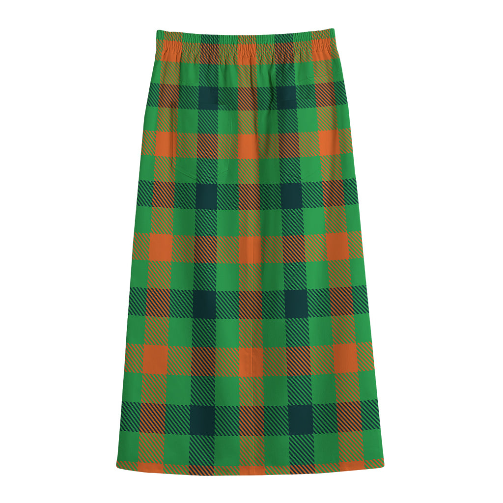 Saint Patrick's Day Buffalo Plaid Print Cotton Front Slit Maxi Skirt