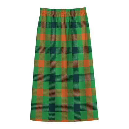 Saint Patrick's Day Buffalo Plaid Print Cotton Front Slit Maxi Skirt