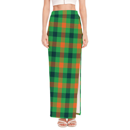 Saint Patrick's Day Buffalo Plaid Print High Slit Maxi Skirt
