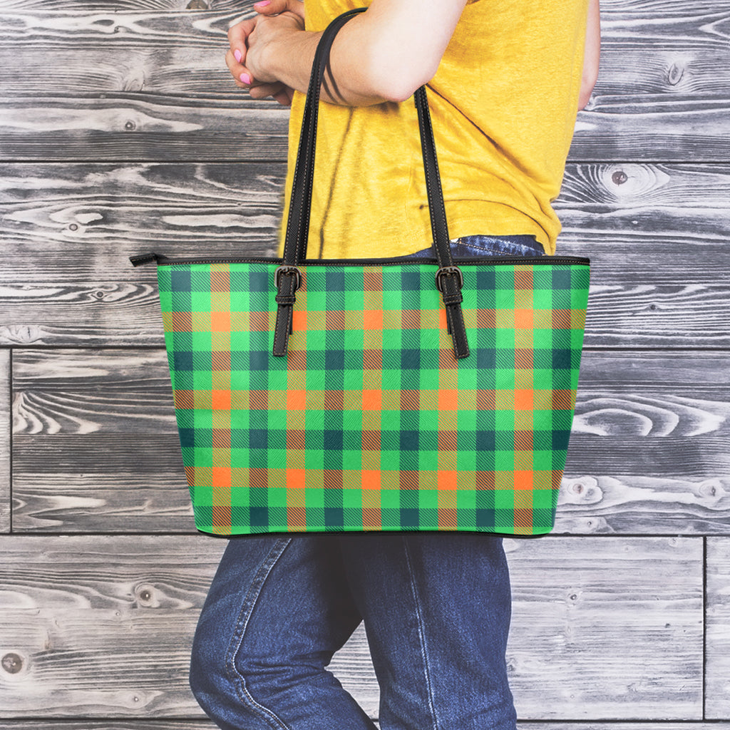 Saint Patrick's Day Buffalo Plaid Print Leather Tote Bag