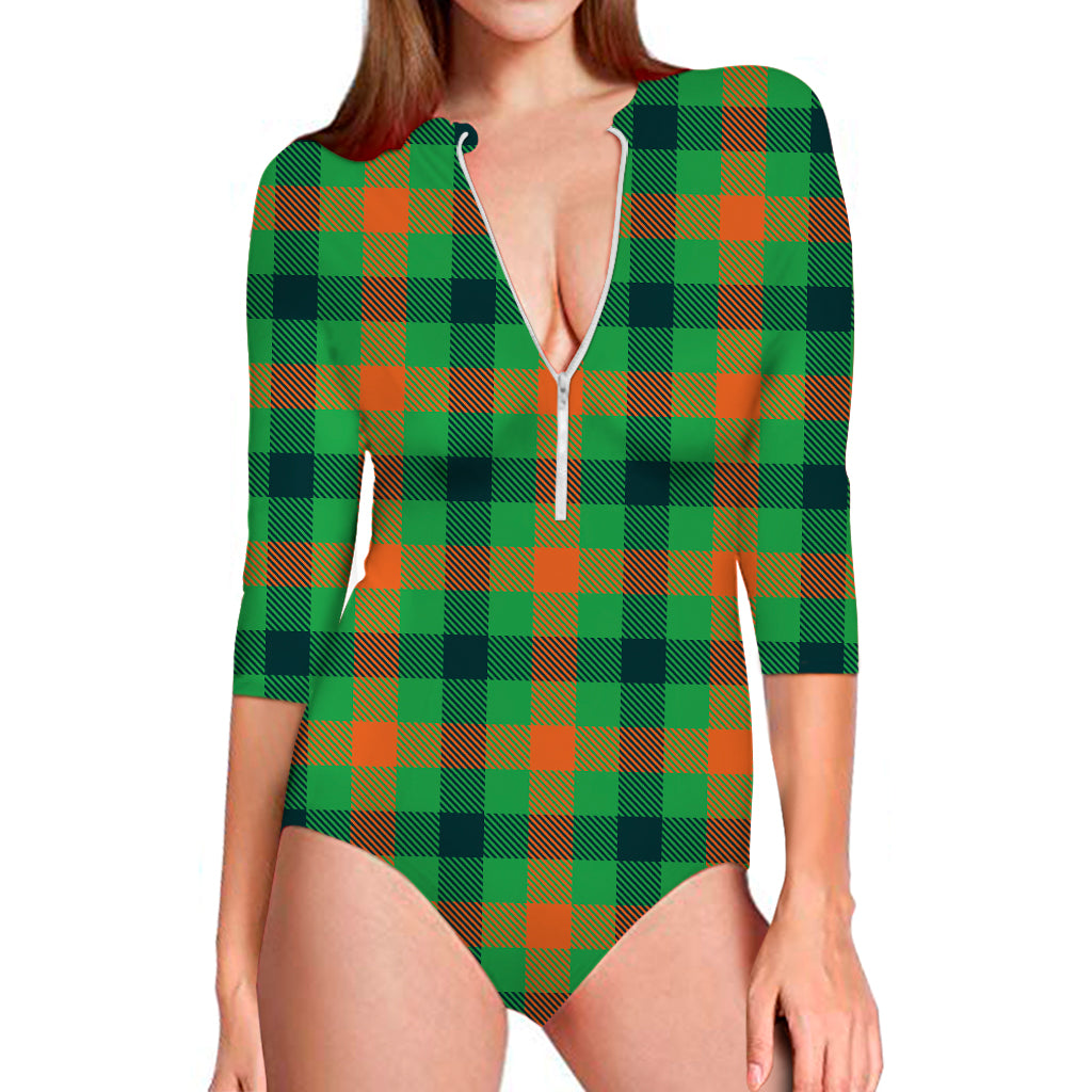 Saint Patrick's Day Buffalo Plaid Print Long Sleeve Swimsuit