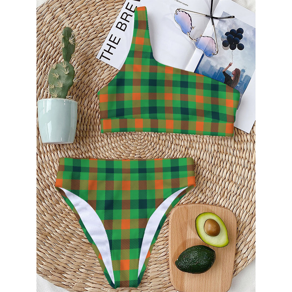 Saint Patrick's Day Buffalo Plaid Print One Shoulder Bikini Top