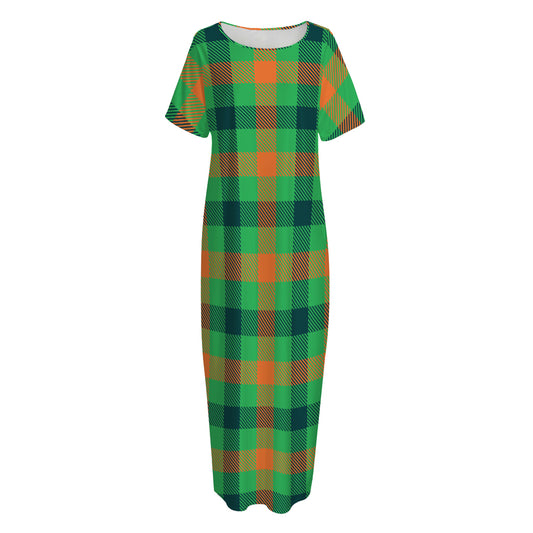 Saint Patrick's Day Buffalo Plaid Print Short Sleeve Long Nightdress