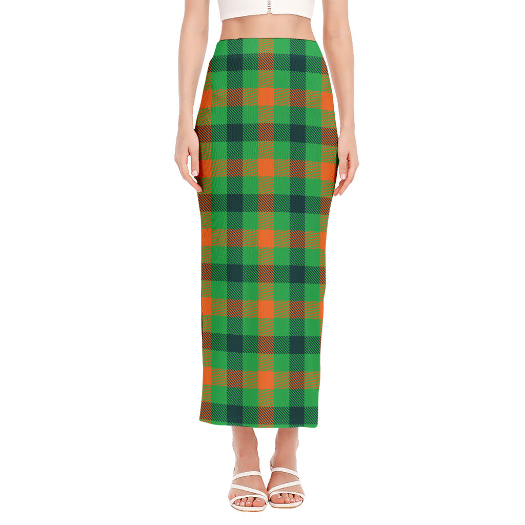 Saint Patrick's Day Buffalo Plaid Print Side Slit Maxi Skirt