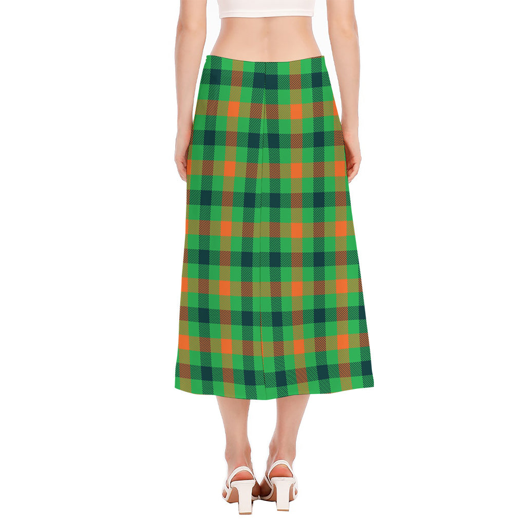 Saint Patrick's Day Buffalo Plaid Print Side Slit Midi Skirt