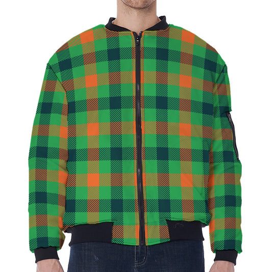 Saint Patrick's Day Buffalo Plaid Print Zip Sleeve Bomber Jacket