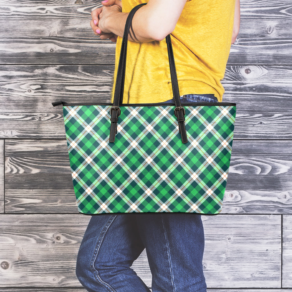 Saint Patrick's Day Irish Tartan Print Leather Tote Bag