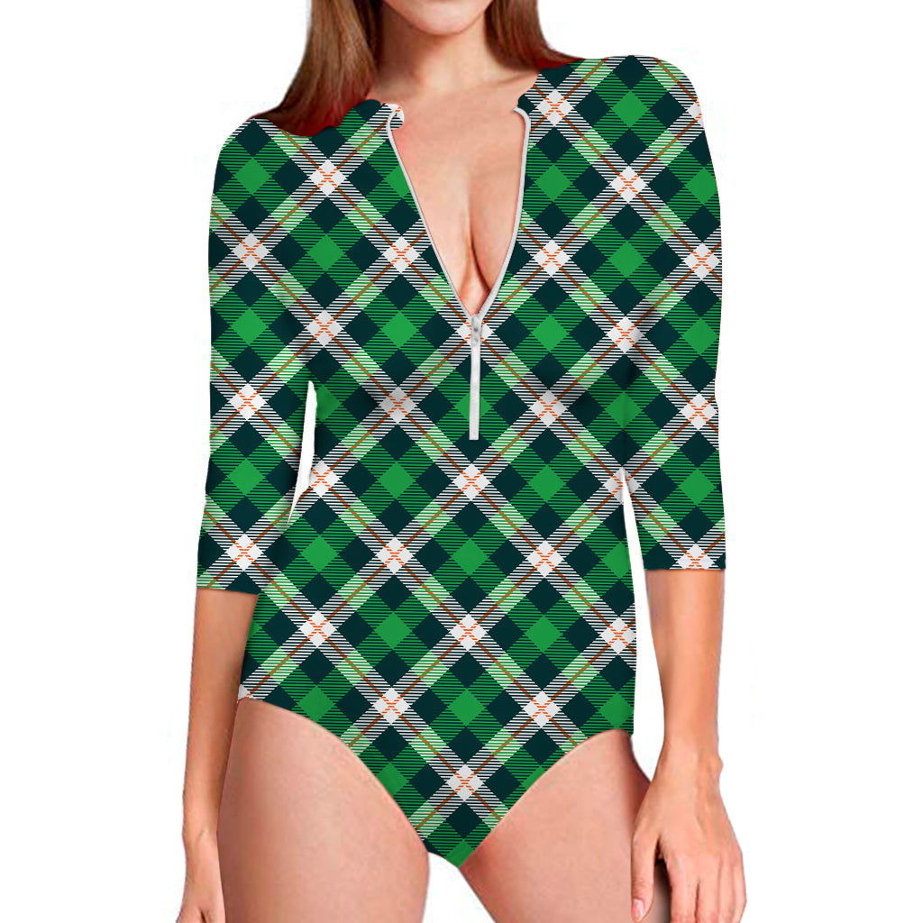 Saint Patrick's Day Irish Tartan Print Long Sleeve Swimsuit