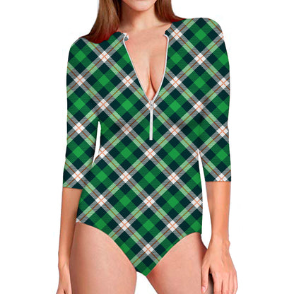 Saint Patrick's Day Irish Tartan Print Long Sleeve Swimsuit