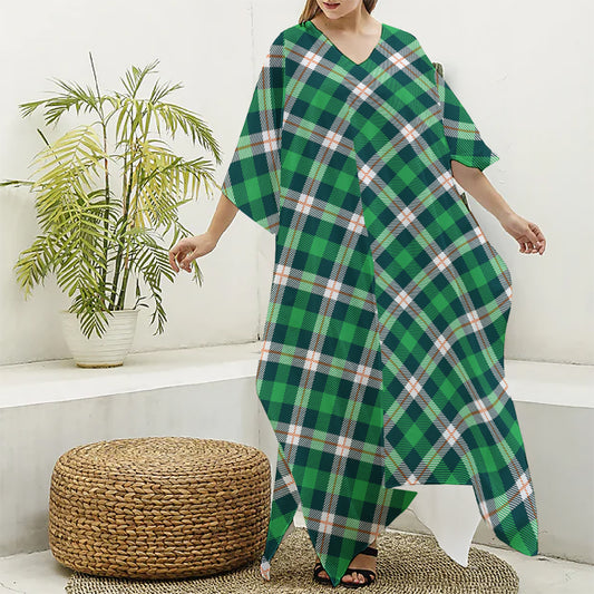 Saint Patrick's Day Irish Tartan Print Silk V-Neck Kaftan Dress