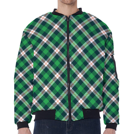 Saint Patrick's Day Irish Tartan Print Zip Sleeve Bomber Jacket