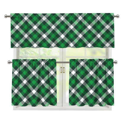Saint Patrick's Day Plaid Pattern Print 3 Piece Kitchen Curtains