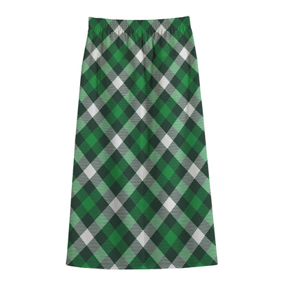 Saint Patrick's Day Plaid Pattern Print Cotton Front Slit Maxi Skirt