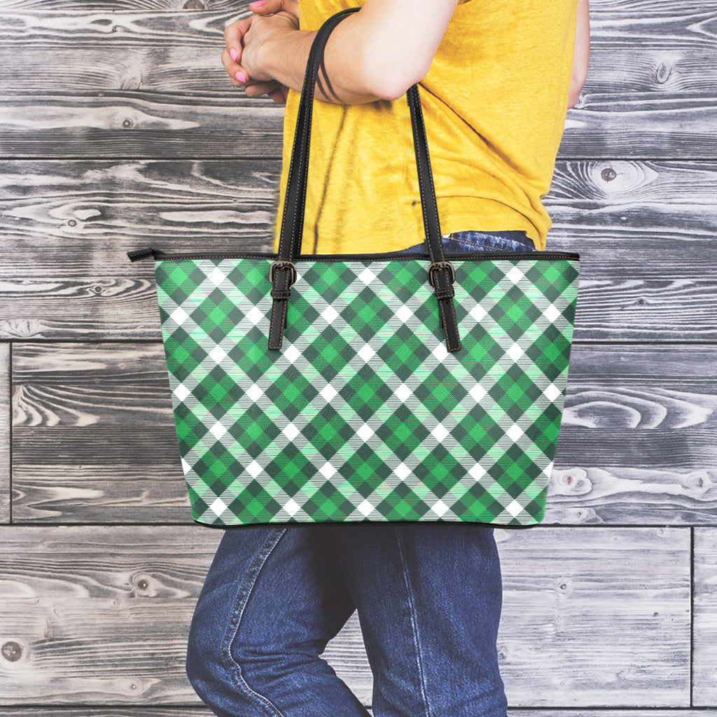 Saint Patrick's Day Plaid Pattern Print Leather Tote Bag
