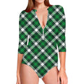 Saint Patrick's Day Plaid Pattern Print Long Sleeve Swimsuit