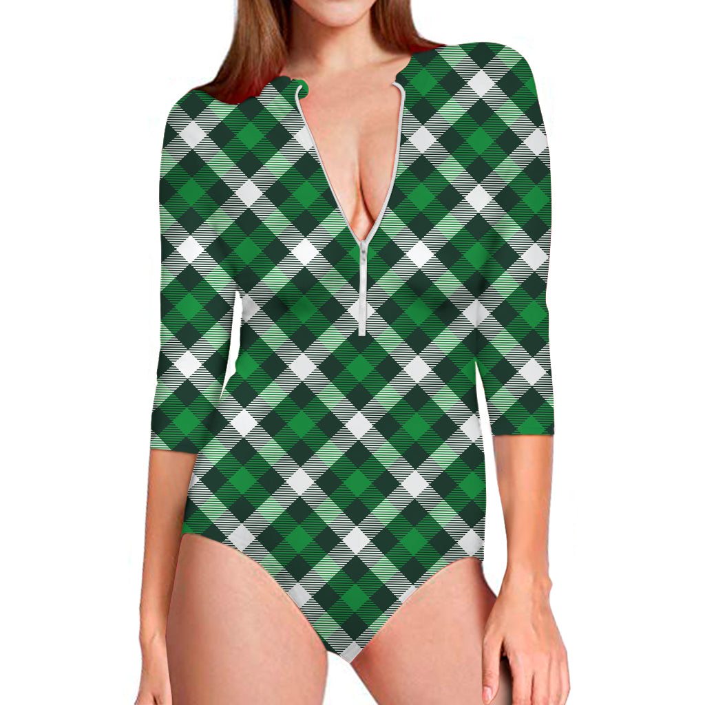 Saint Patrick's Day Plaid Pattern Print Long Sleeve Swimsuit