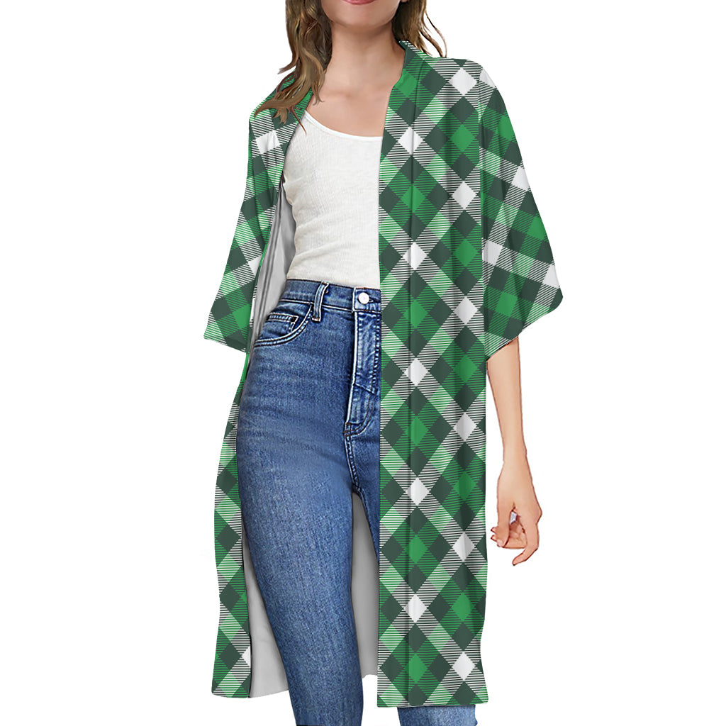 Saint Patrick's Day Plaid Pattern Print Open Front Beach Cover Up
