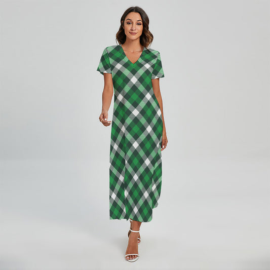 Saint Patrick's Day Plaid Pattern Print Short Sleeve Maxi Dress