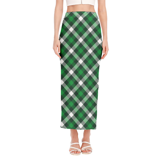 Saint Patrick's Day Plaid Pattern Print Side Slit Maxi Skirt