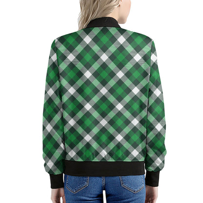 Saint Patrick's Day Plaid Pattern Print Women's Bomber Jacket