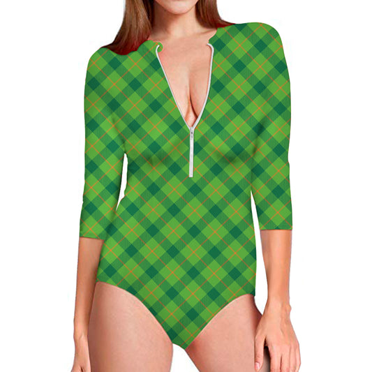 Saint Patrick's Day Scottish Plaid Print Long Sleeve Swimsuit