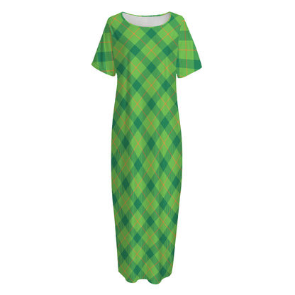 Saint Patrick's Day Scottish Plaid Print Short Sleeve Long Nightdress