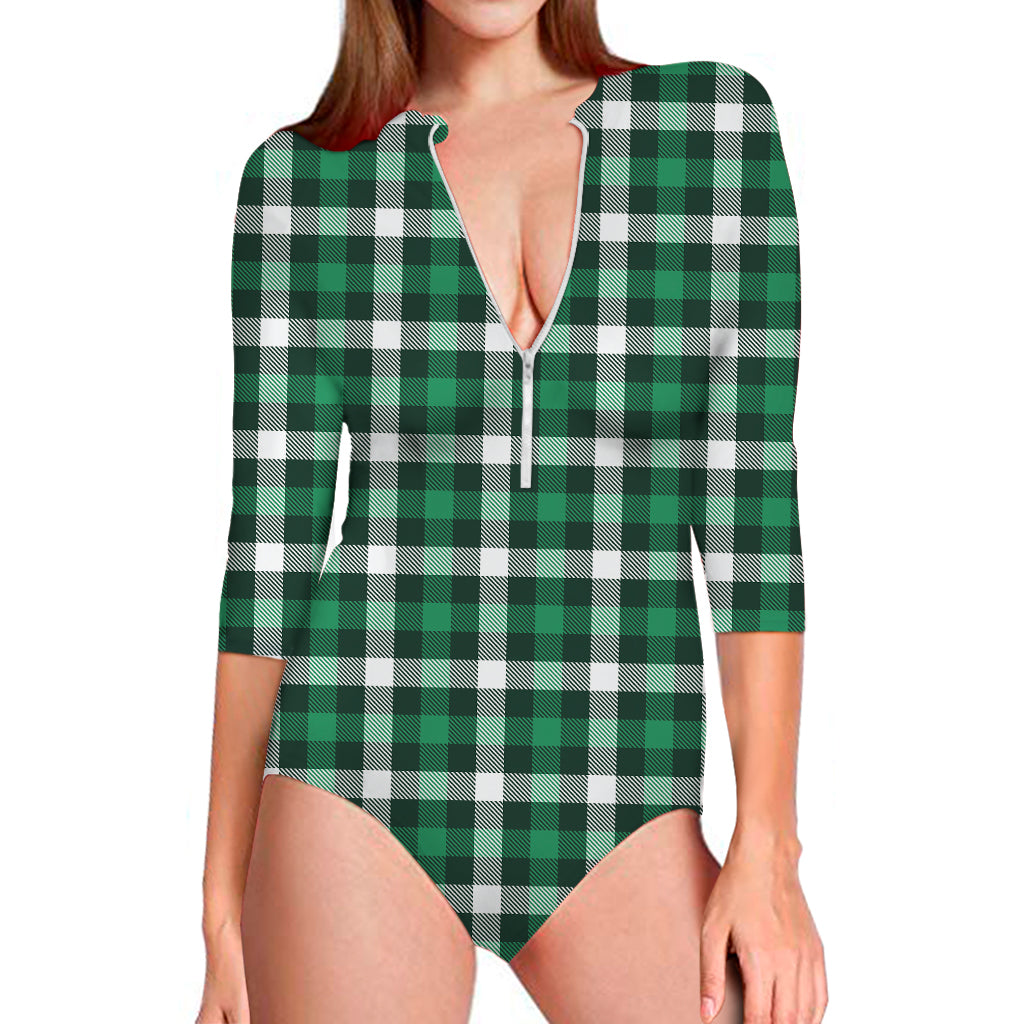 Saint Patrick's Day Stewart Plaid Print Long Sleeve Swimsuit
