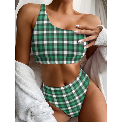 Saint Patrick's Day Stewart Plaid Print One Shoulder Bikini Top