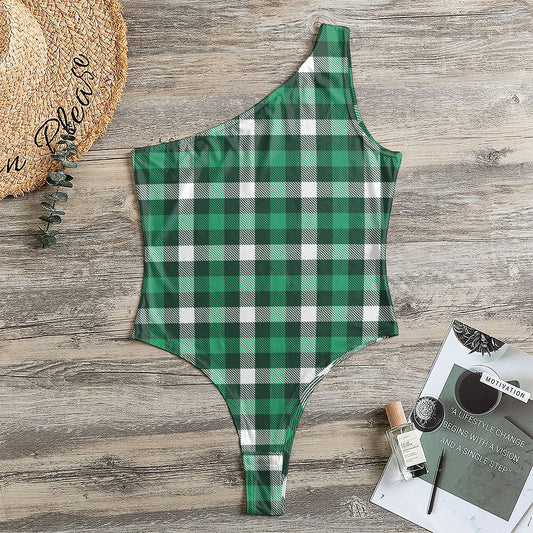 Saint Patrick's Day Stewart Plaid Print One Shoulder Bodysuit