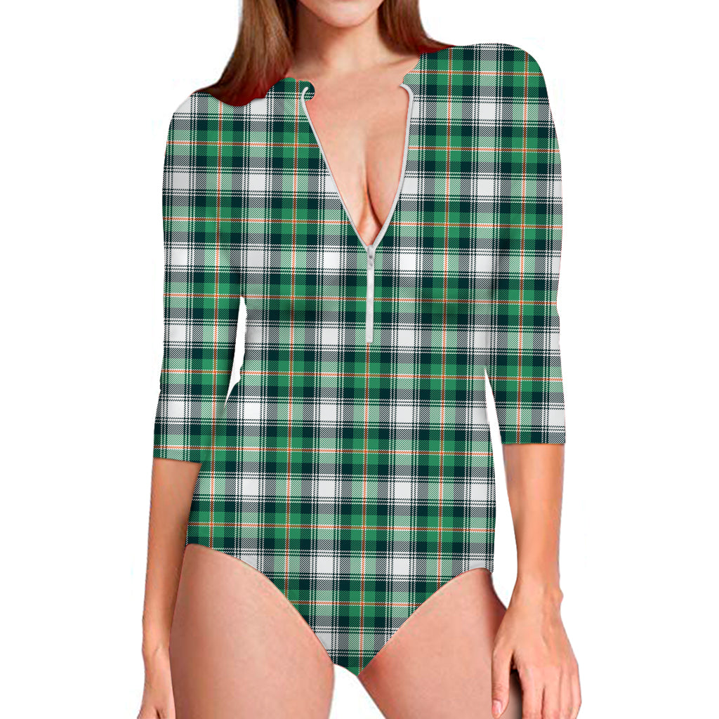 Saint Patrick's Day Tartan Pattern Print Long Sleeve Swimsuit
