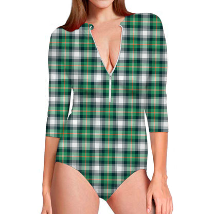 Saint Patrick's Day Tartan Pattern Print Long Sleeve Swimsuit