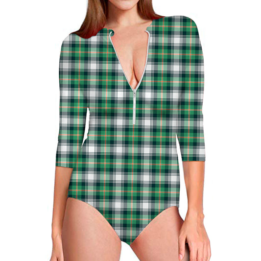 Saint Patrick's Day Tartan Pattern Print Long Sleeve Swimsuit