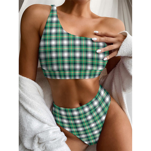 Saint Patrick's Day Tartan Pattern Print One Shoulder Bikini Top