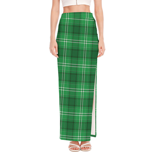 Saint Patrick's Day Tartan Print High Slit Maxi Skirt