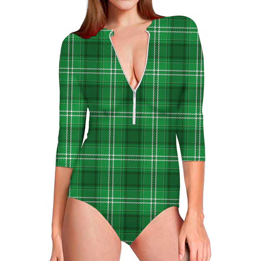Saint Patrick's Day Tartan Print Long Sleeve Swimsuit