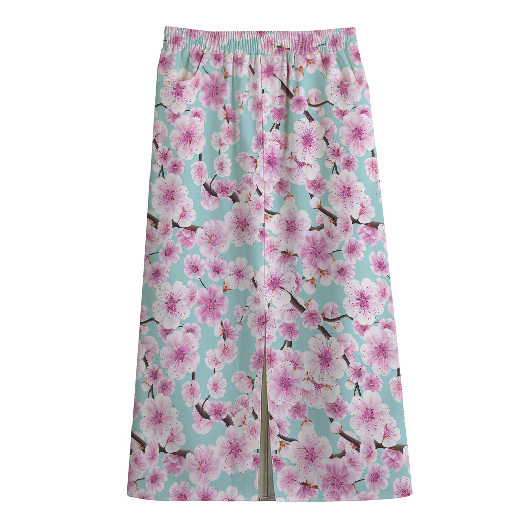Sakura Cherry Blossom Pattern Print Cotton Front Slit Maxi Skirt