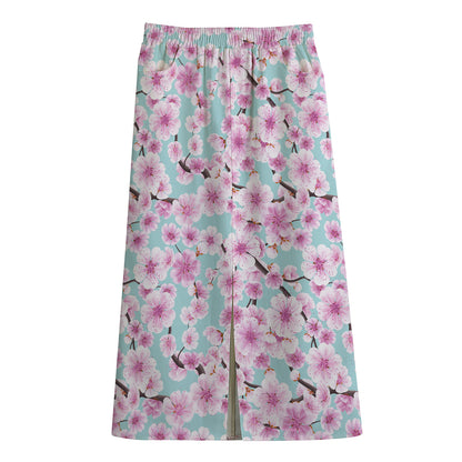 Sakura Cherry Blossom Pattern Print Cotton Front Slit Maxi Skirt