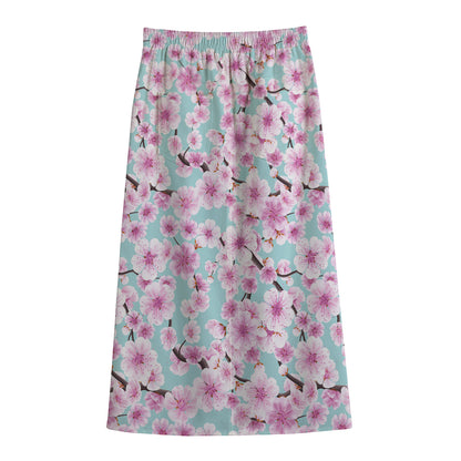 Sakura Cherry Blossom Pattern Print Cotton Front Slit Maxi Skirt