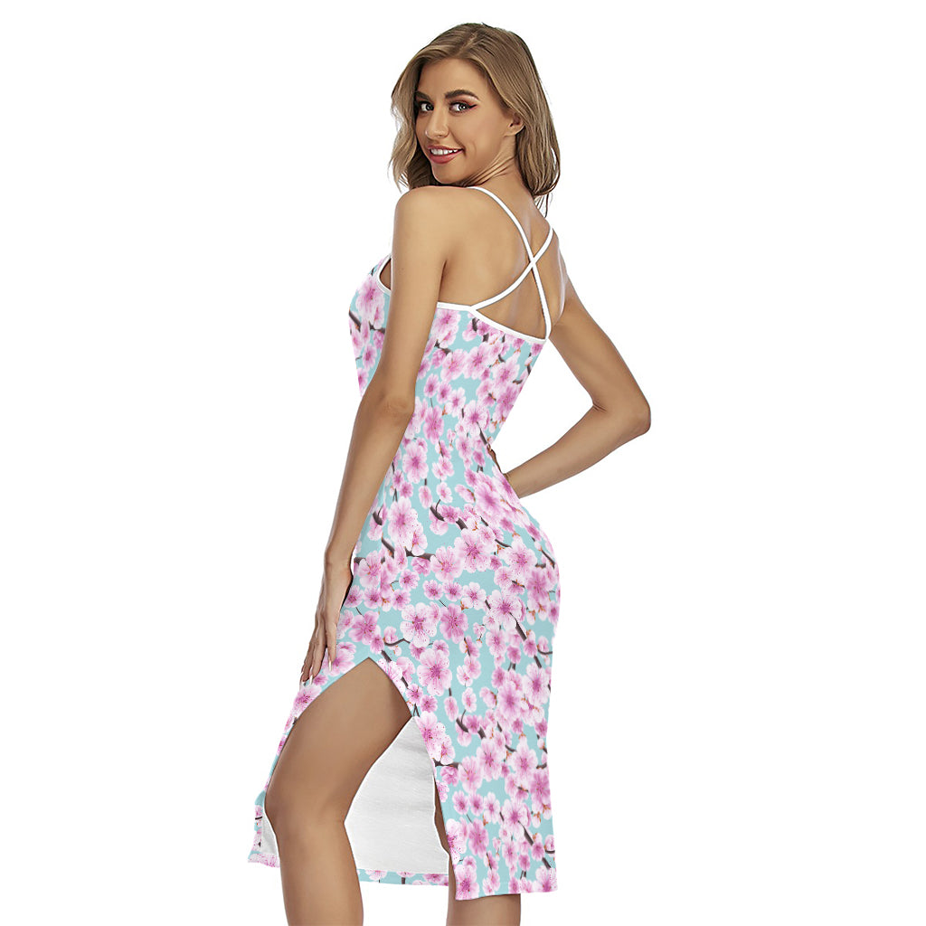 Sakura Cherry Blossom Pattern Print Cross Back Cami Dress