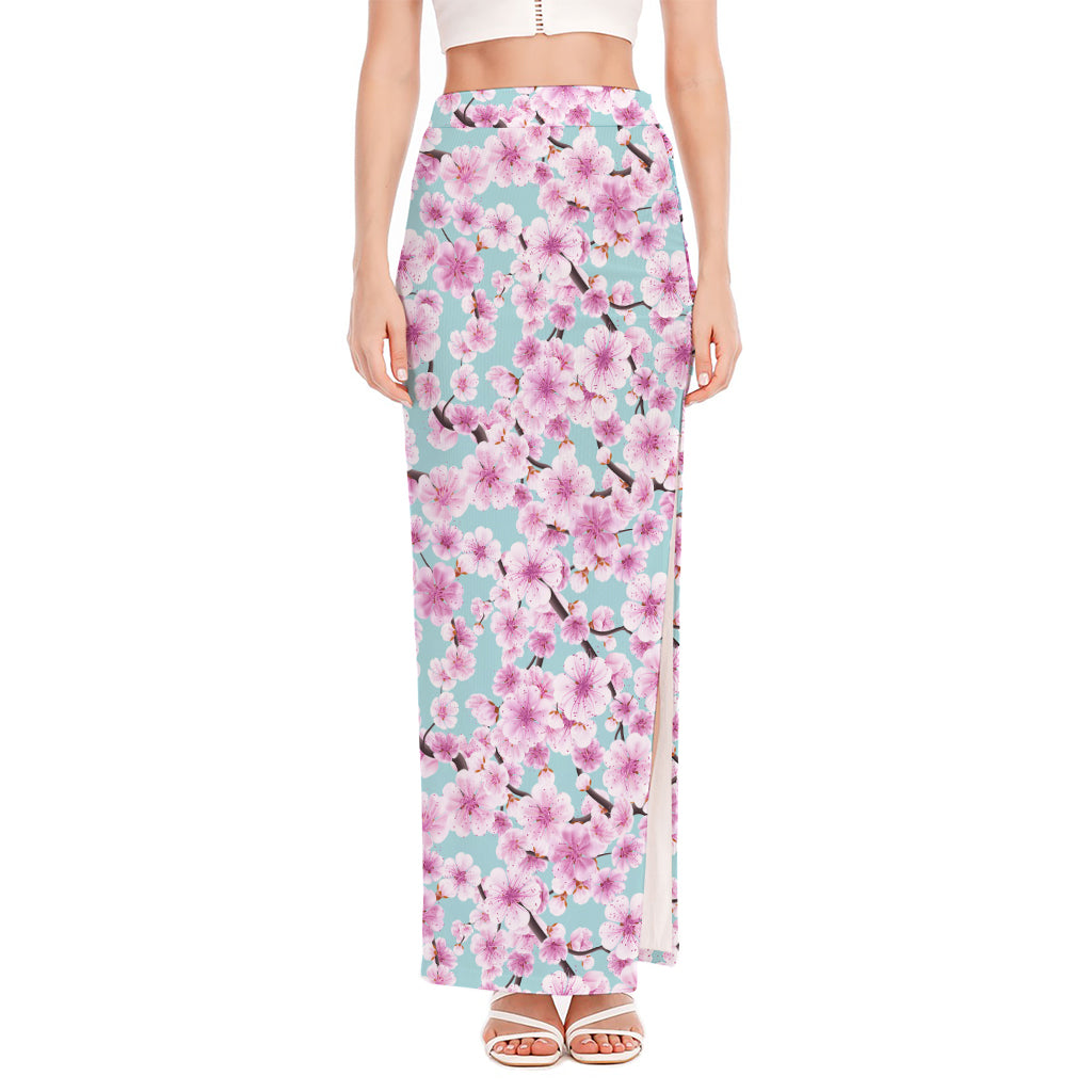 Sakura Cherry Blossom Pattern Print High Slit Maxi Skirt