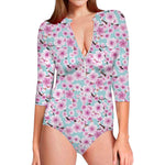 Sakura Cherry Blossom Pattern Print Long Sleeve Swimsuit